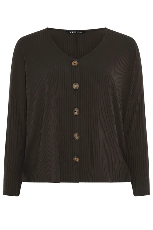 Yours Curve Chocolate Brown Ribbed Button Details Top - 12 Image 5