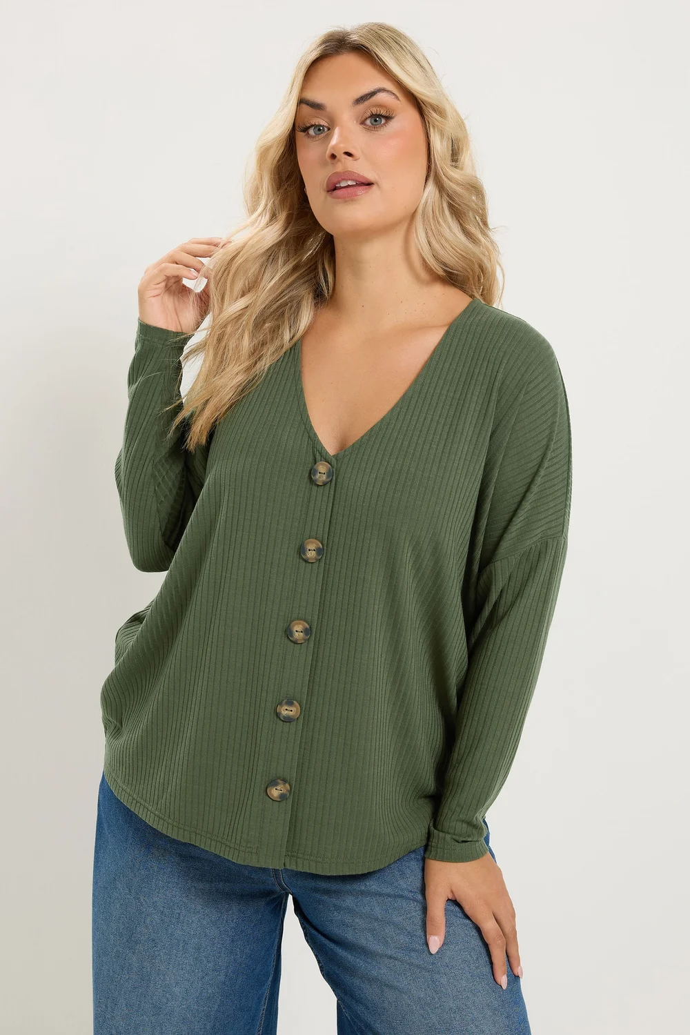 Yours Curve Khaki Green Ribbed Button Details Top - 12 Image 2