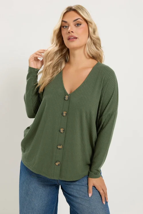 Yours Curve Khaki Green Ribbed Button Details Top - 12 Image 2