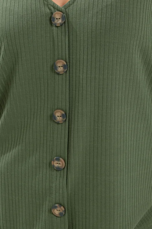 Yours Curve Khaki Green Ribbed Button Details Top - 12 Image 5