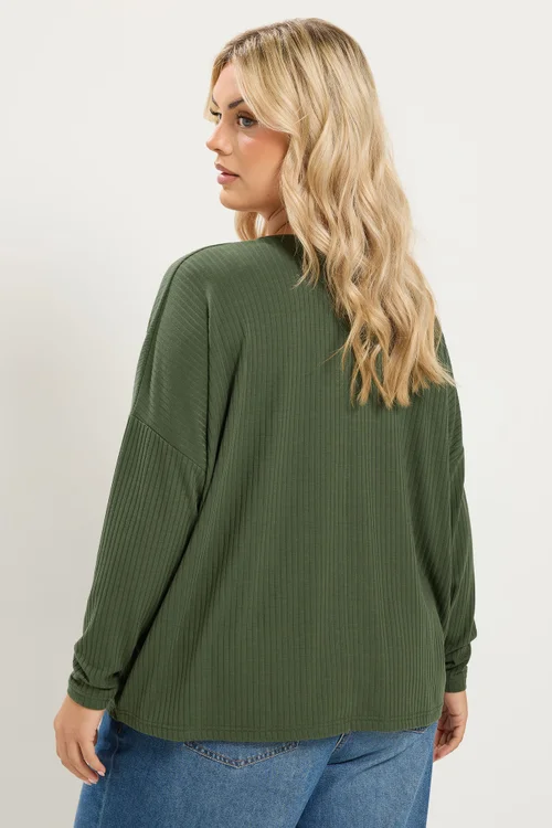 Yours Curve Khaki Green Ribbed Button Details Top - 12 Image 4