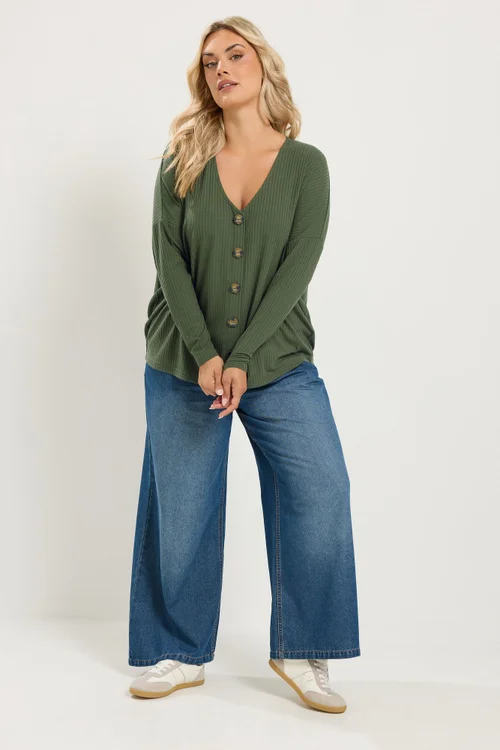 Yours Curve Khaki Green Ribbed Button Details Top - 12 Image 3
