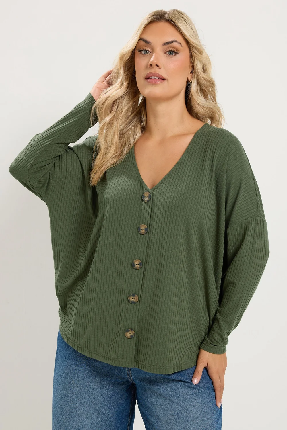 Yours Curve Khaki Green Ribbed Button Details Top - 12 Image 1
