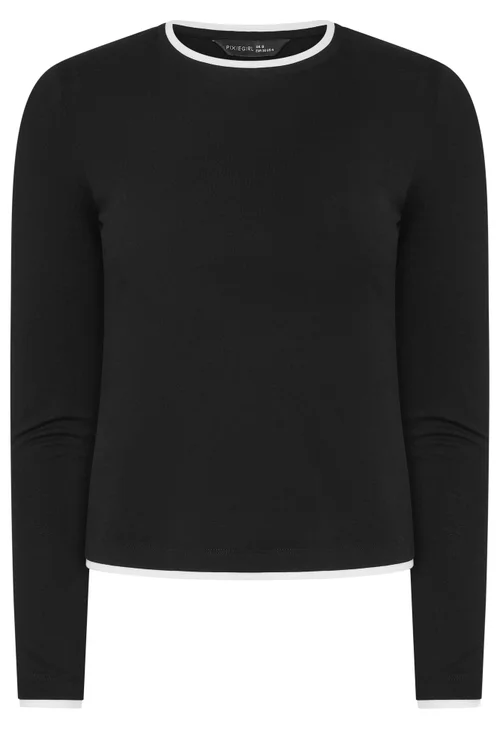 PixieGirl Petite Black Contrast Long Sleeve Cotton T-Shirt - 18 Image 5