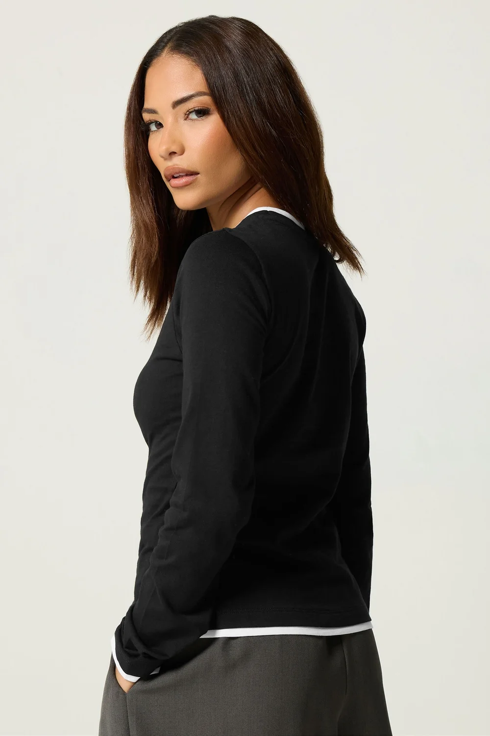 PixieGirl Petite Black Contrast Long Sleeve Cotton T-Shirt - 18 Image 3