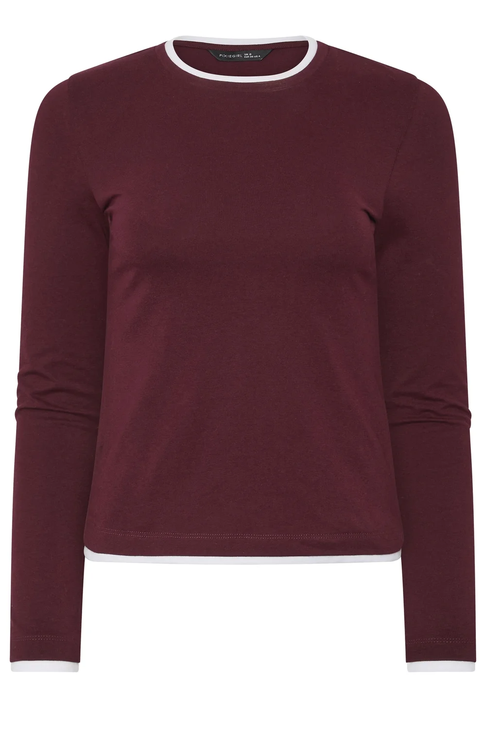 PixieGirl Petite Burgundy Red Contrast Long Sleeve Cotton T-Shirt - 14 Image 5