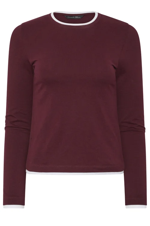 PixieGirl Petite Burgundy Red Contrast Long Sleeve Cotton T-Shirt - 14 Image 5