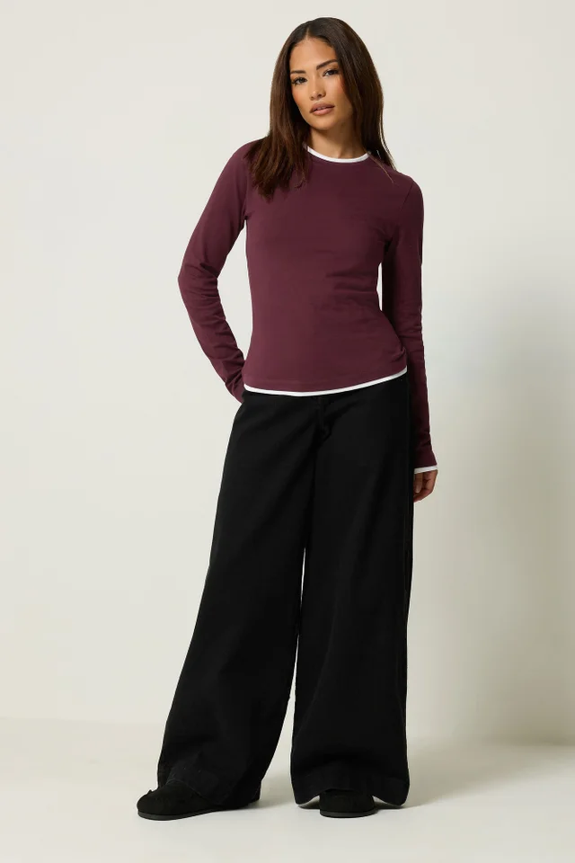 PixieGirl Petite Burgundy Red Contrast Long Sleeve Cotton T-Shirt