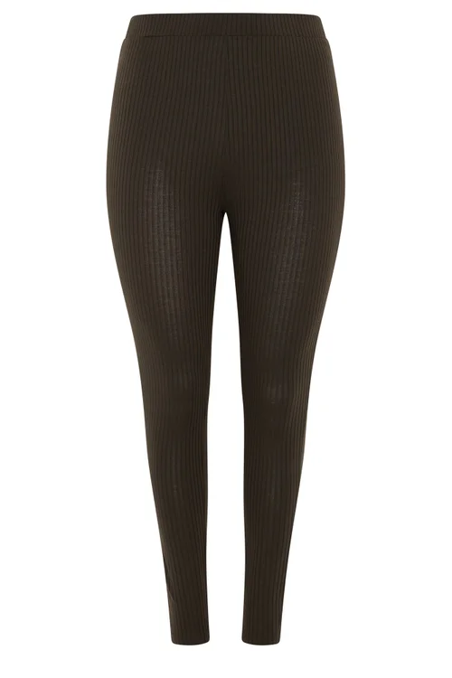 Yours Curve Chocolate Brown Elasticated Waist Ribbed Leggings - 34-36 Image 5