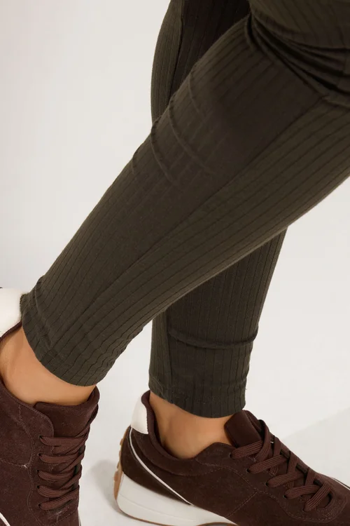 Yours Curve Chocolate Brown Elasticated Waist Ribbed Leggings - 34-36 Image 4