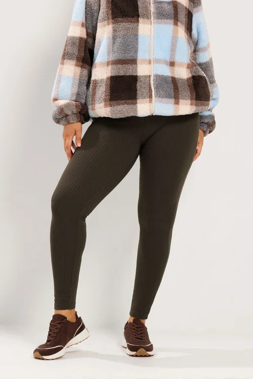 Yours Curve Chocolate Brown Elasticated Waist Ribbed Leggings - 34-36 Image 1