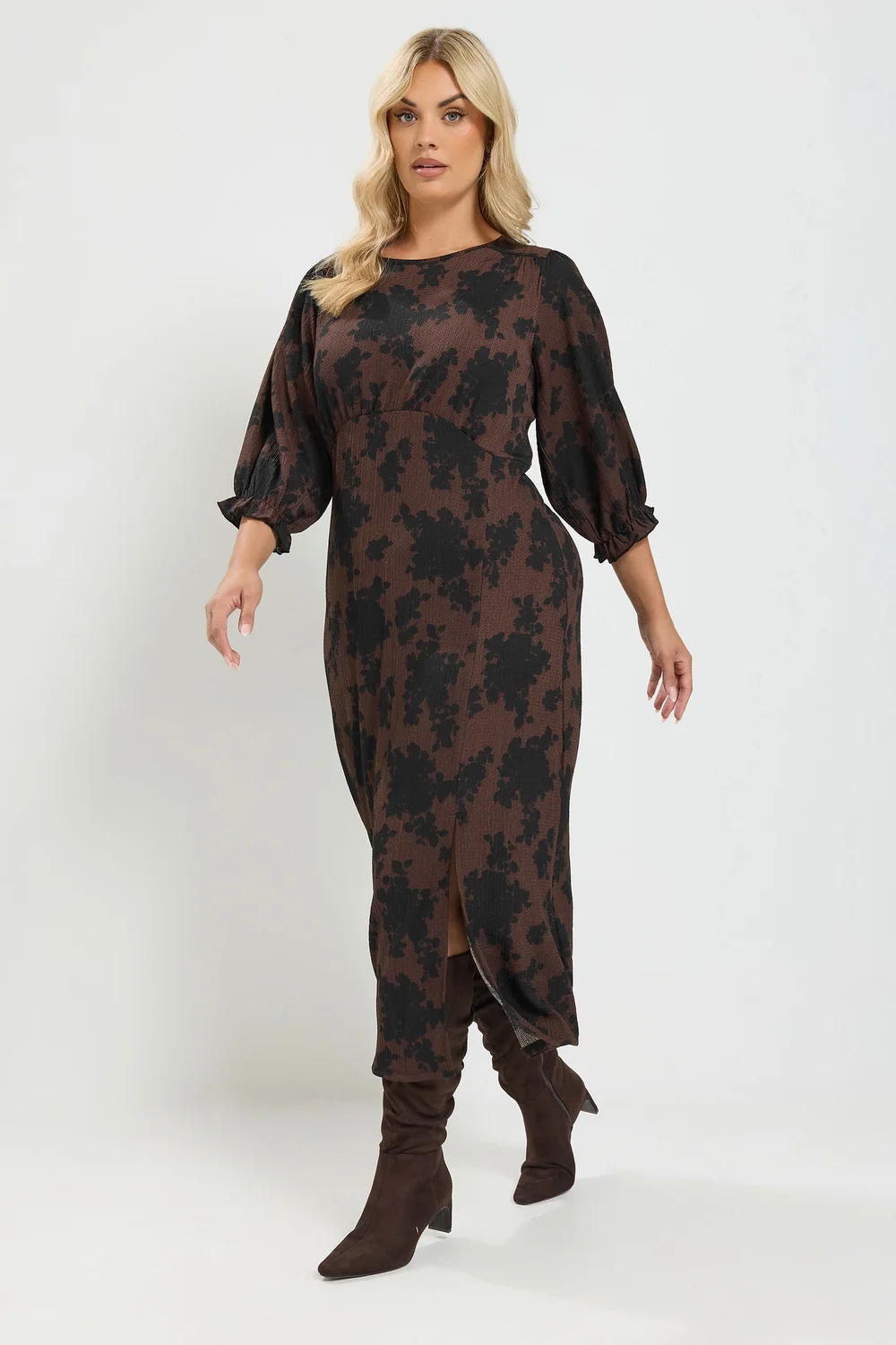 Yours Curve Chocolate Brown Floral Textured Midi Dress - 18 Image 3