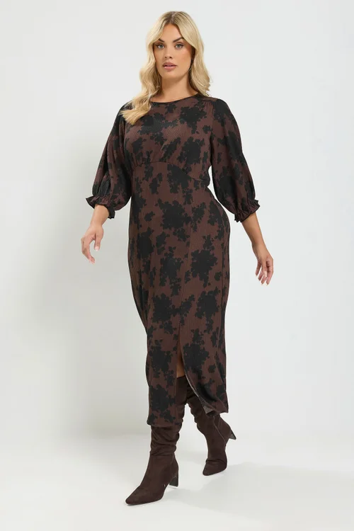 Yours Curve Chocolate Brown Floral Textured Midi Dress - 18 Image 3