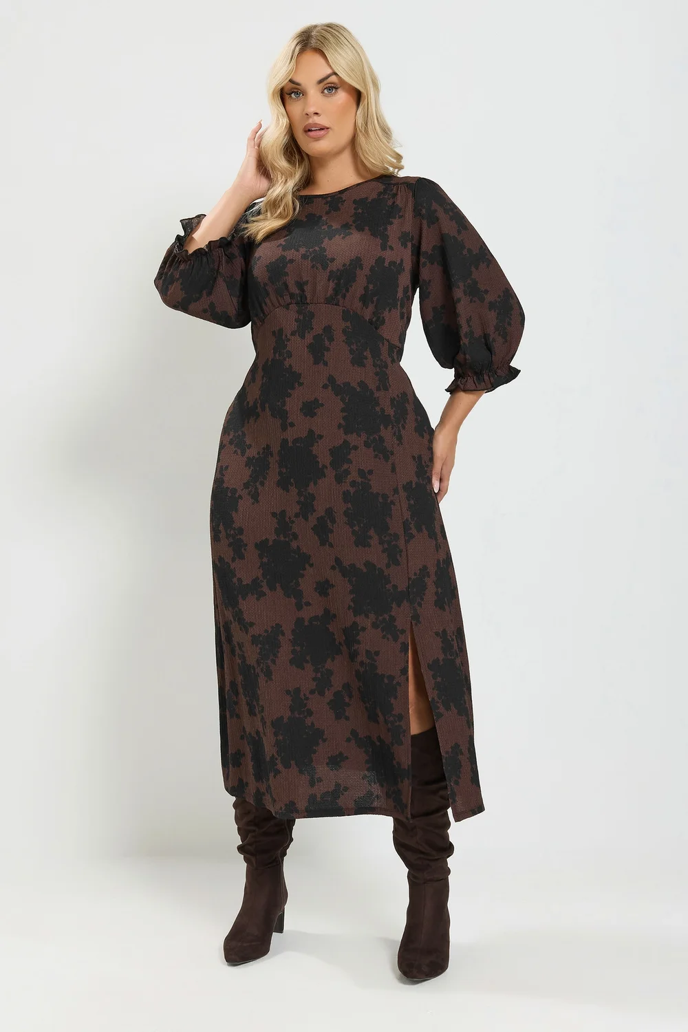 Yours Curve Chocolate Brown Floral Textured Midi Dress - 18 Image 1