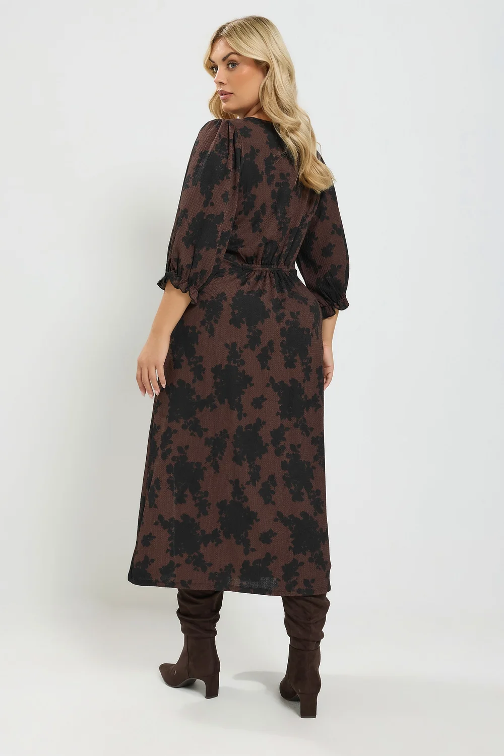 Yours Curve Chocolate Brown Floral Textured Midi Dress - 18 Image 4