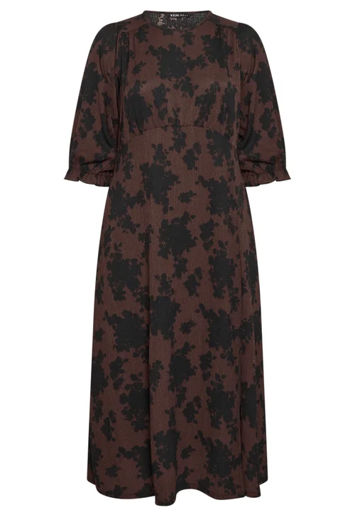 Yours Curve Chocolate Brown Floral Textured Midi Dress - 18 Image 2