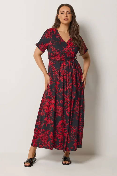 Yours Curve Red Floral Wrap Dress - 16 Image 1