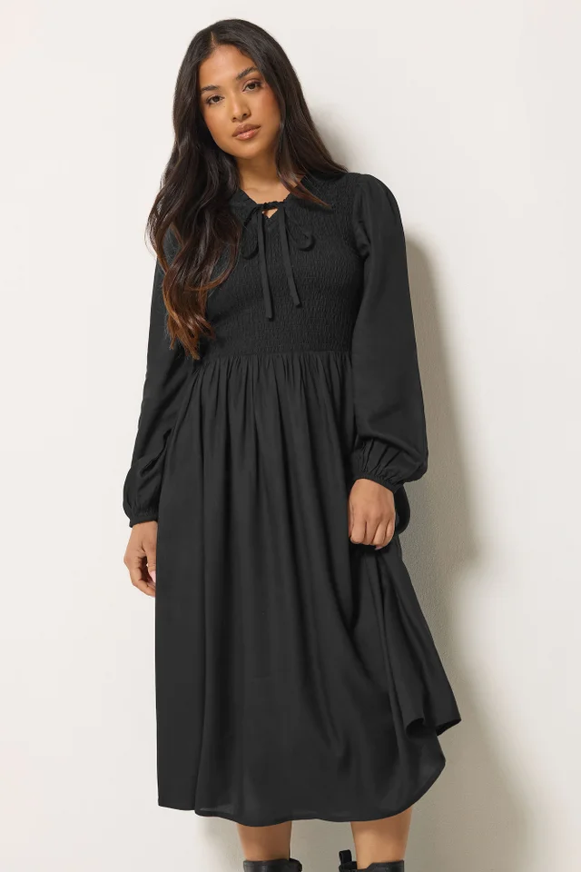 PixieGirl Petite Black Shirred Midi Dress