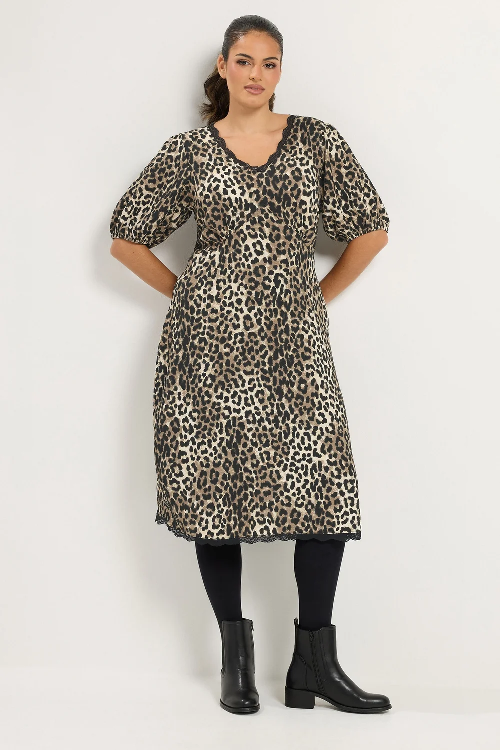 Yours Curve Brown Leopard Print Lace Trim Midi Dress - 12 Image 1