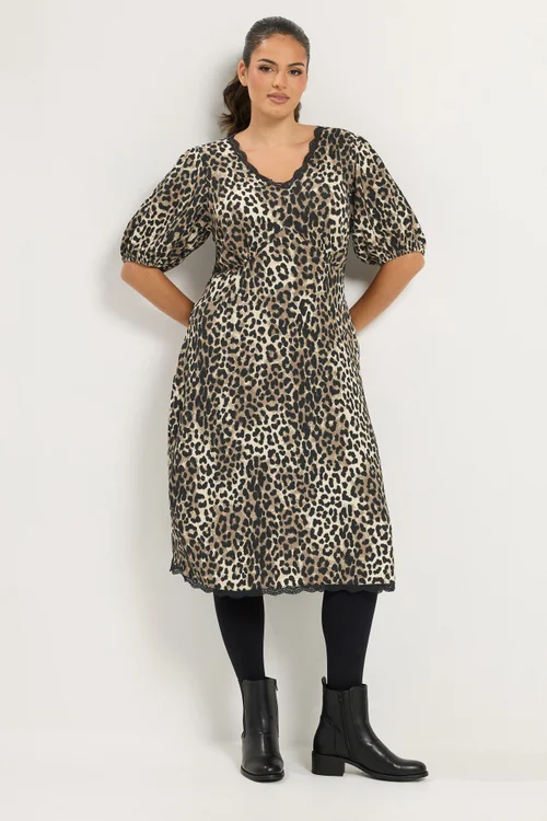 Yours Curve Brown Leopard Print Lace Trim Midi Dress - 12 Image 1
