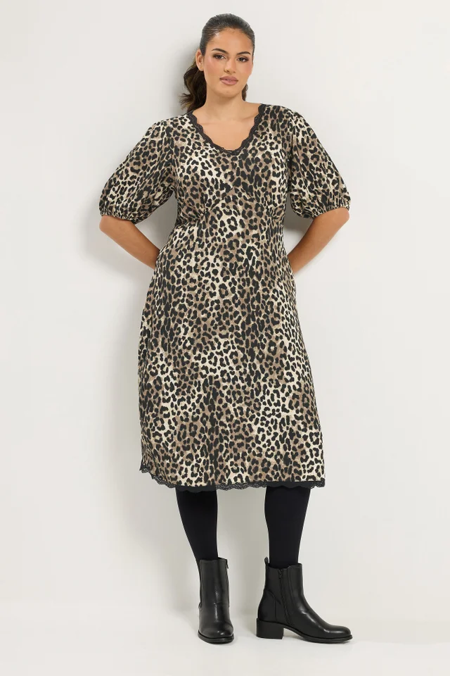 Yours Curve Brown Leopard Print Lace Trim Midi Dress