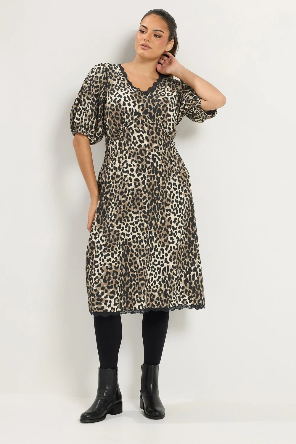 Yours Curve Brown Leopard Print Lace Trim Midi Dress - 12 Image 3