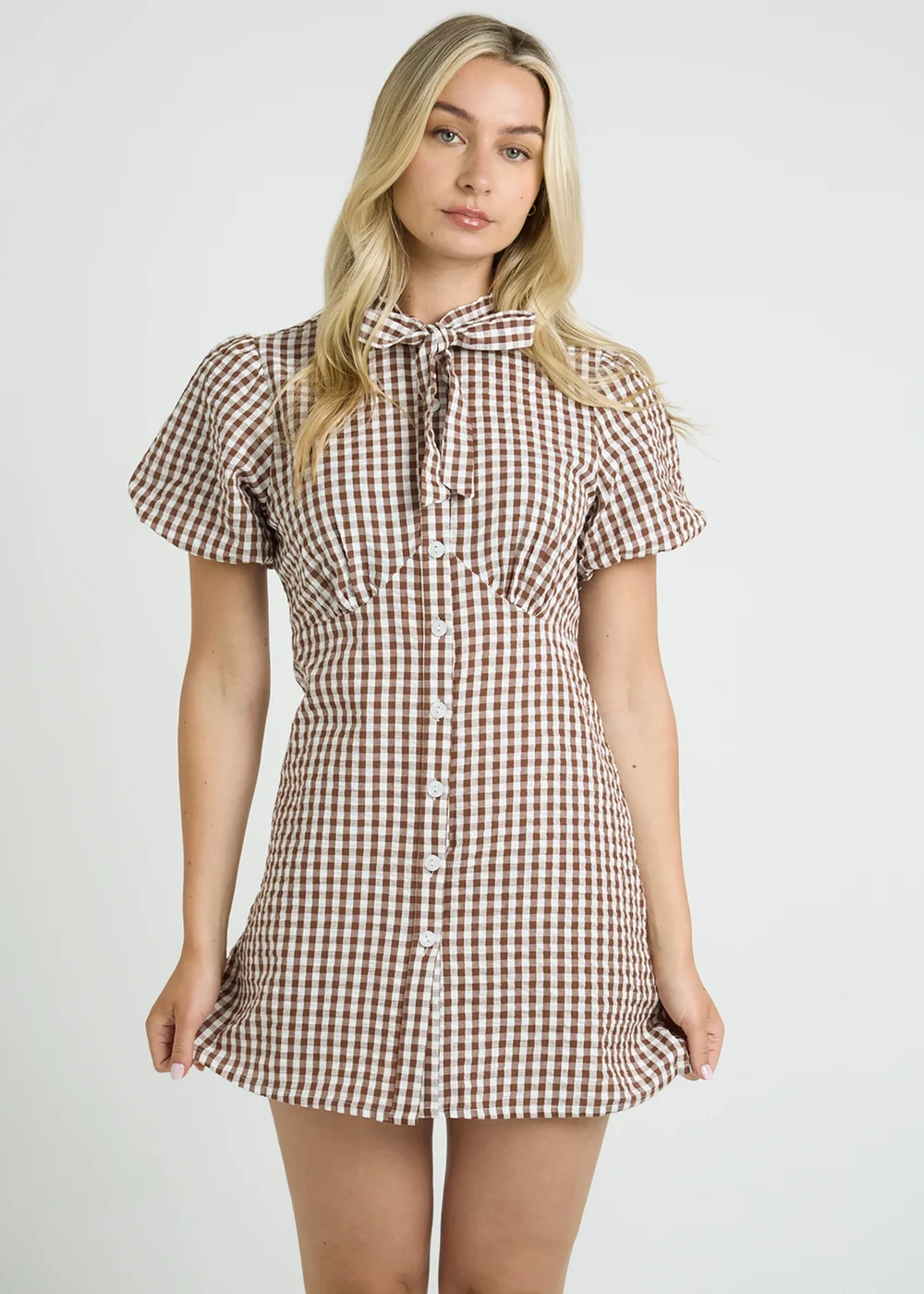 Wednesdays Girl Brown Cotton Gingham Short Puff Sleeve Mini Dress - XS Image 1