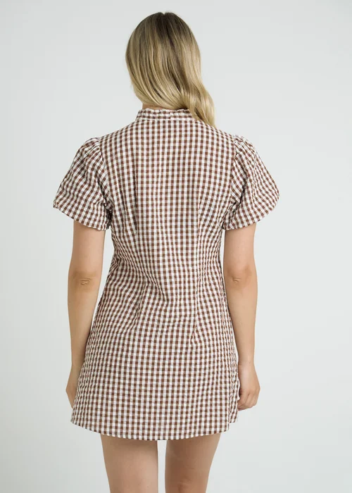 Wednesdays Girl Brown Cotton Gingham Short Puff Sleeve Mini Dress - XS Image 2