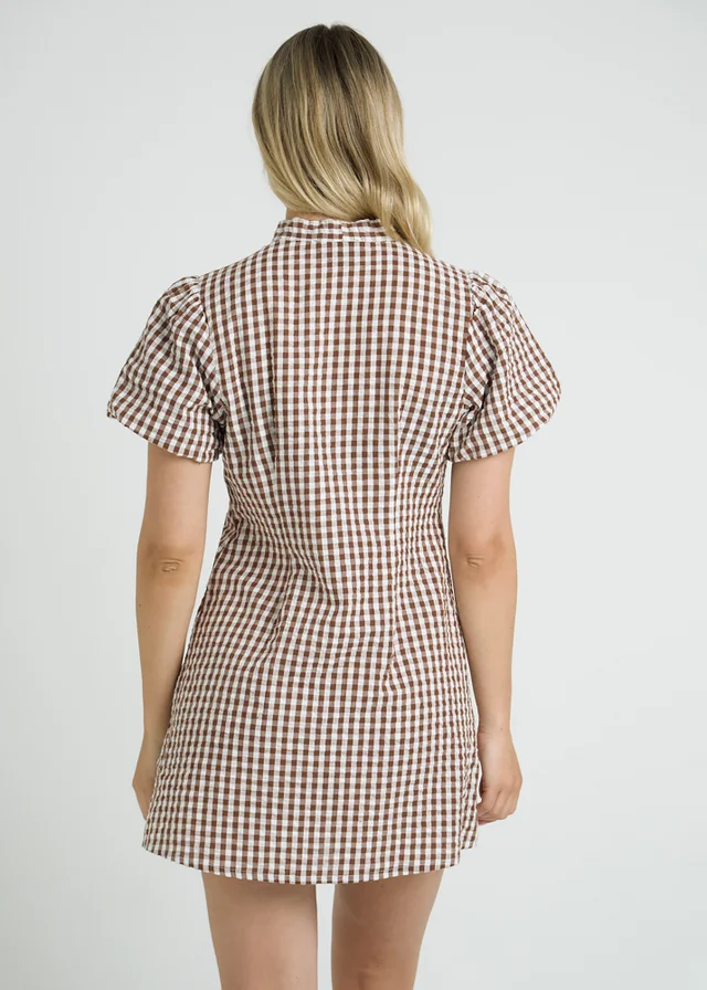 Wednesdays Girl Brown Cotton Gingham Short Puff Sleeve Mini Dress