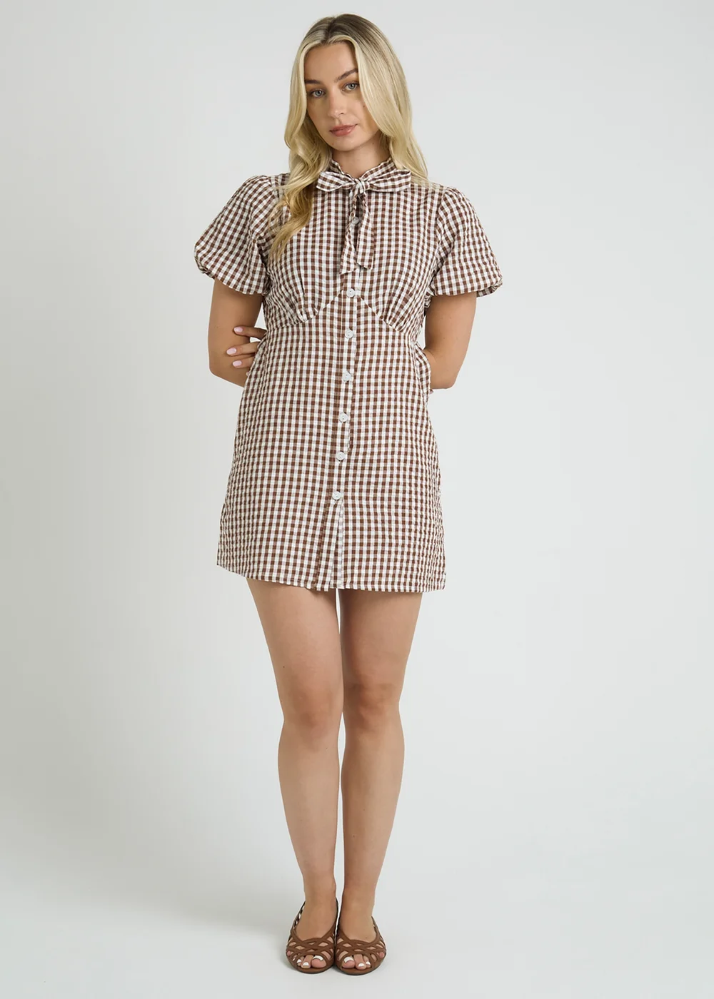 Wednesdays Girl Brown Cotton Gingham Short Puff Sleeve Mini Dress - XS Image 4