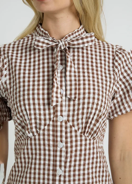 Wednesdays Girl Brown Cotton Gingham Short Puff Sleeve Mini Dress - XS Image 3