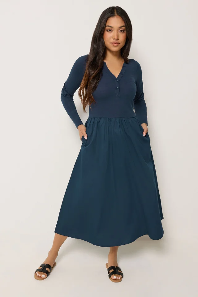 PixieGirl Petite Navy Blue Henley Cotton Midi Dress
