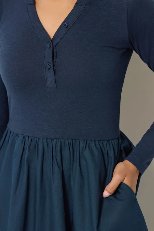 PixieGirl Petite Navy Blue Henley Cotton Midi Dress - 8 Image 4