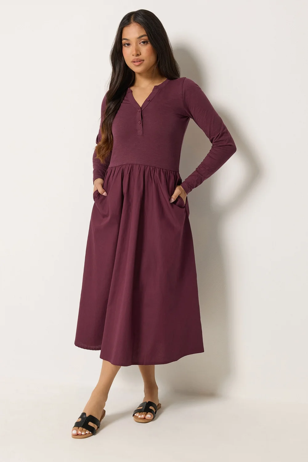 PixieGirl Petite Burgundy Red Henley Cotton Midi Dress - 8 Image 1
