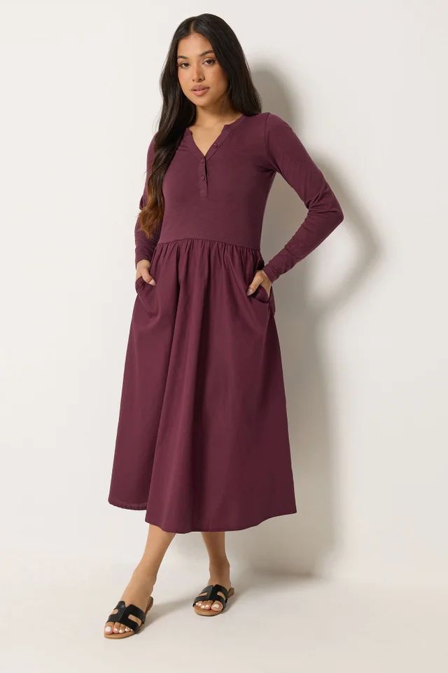 PixieGirl Petite Burgundy Red Henley Cotton Midi Dress