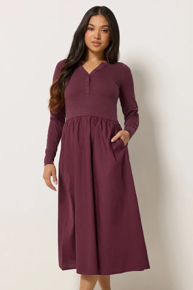 PixieGirl Petite Burgundy Red Henley Cotton Midi Dress