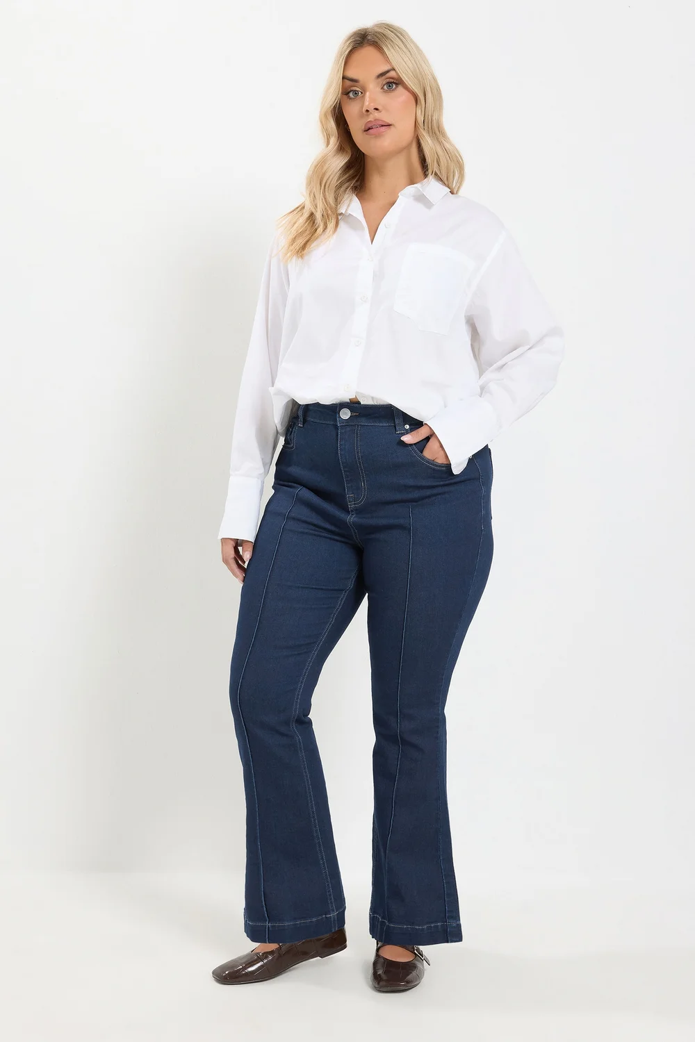 Yours Curve Indigo Blue Pintuck Flared Jeans - 22/L28 Image 2