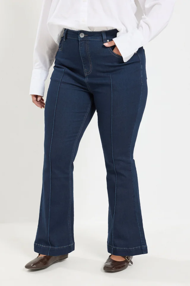 Yours Curve Indigo Blue Pintuck Flared Jeans