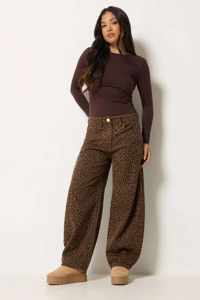 PixieGirl Petite Brown Animal Print Barrel Jeans