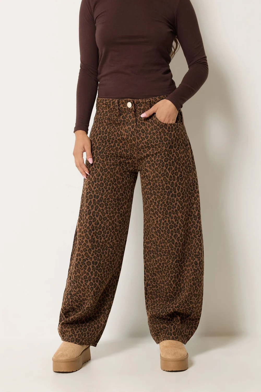 PixieGirl Petite Brown Animal Print Barrel Jeans - 12/L27 Image 2