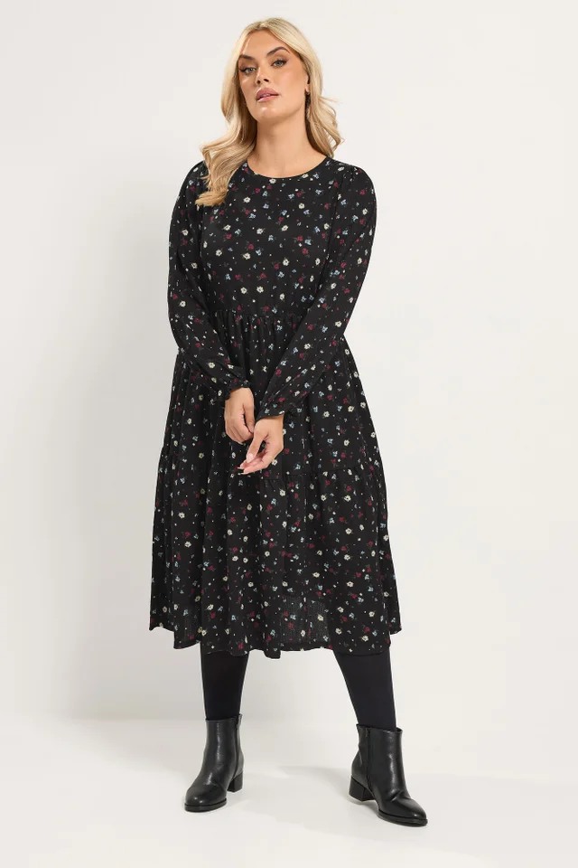 Yours Curve Black Ditsy Floral Textured Midi Dress