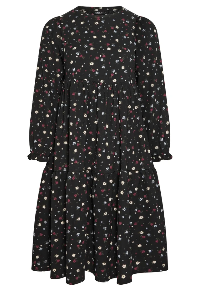 Yours Curve Black Ditsy Floral Textured Midi Dress