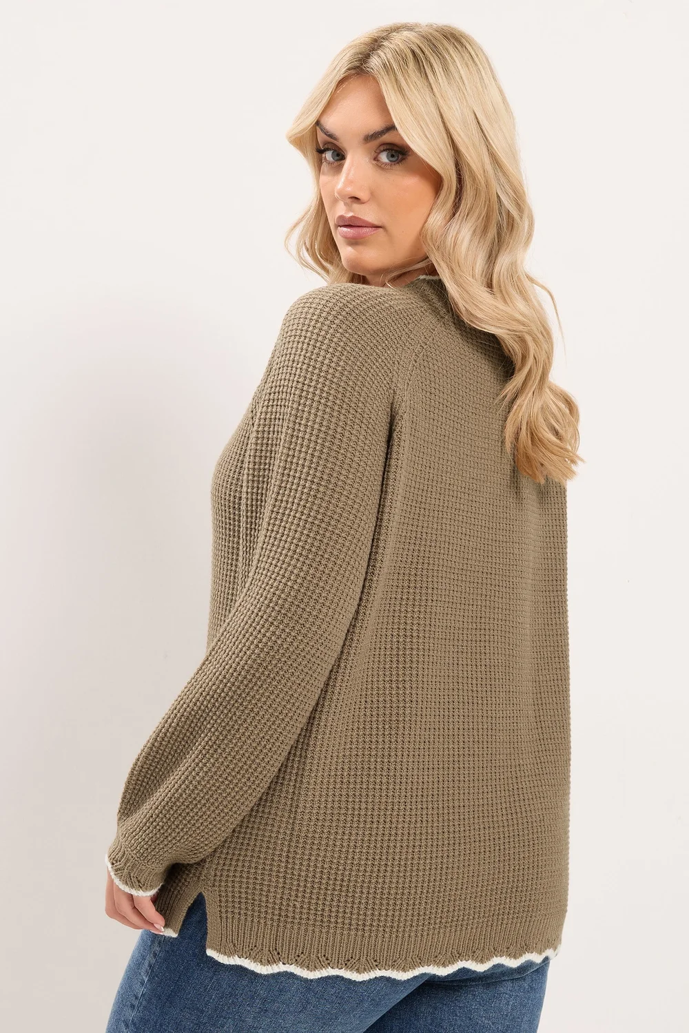 Yours Curve Mocha Brown Contrast Waffle Jumper - 14-16 Image 3