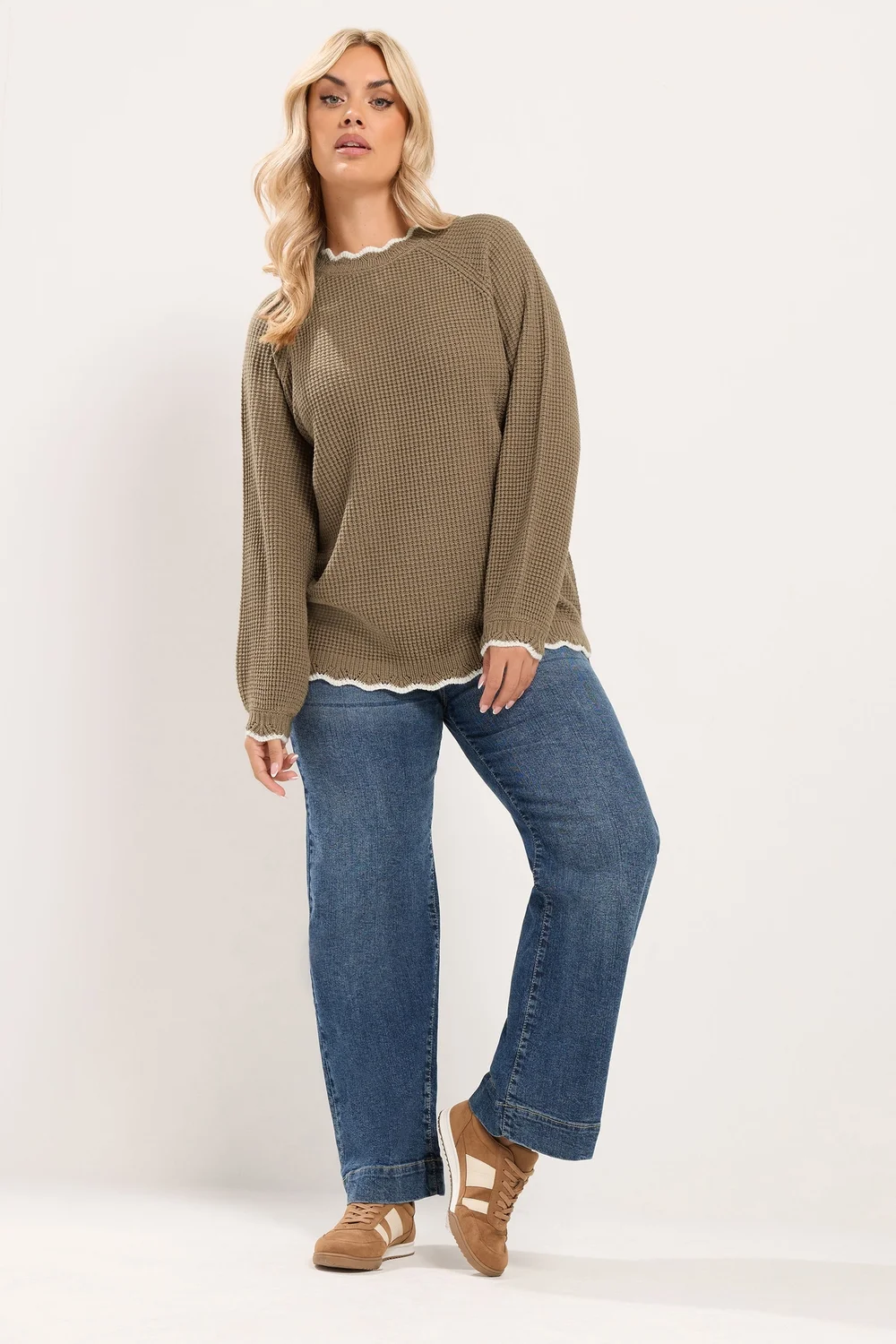 Yours Curve Mocha Brown Contrast Waffle Jumper - 14-16 Image 2