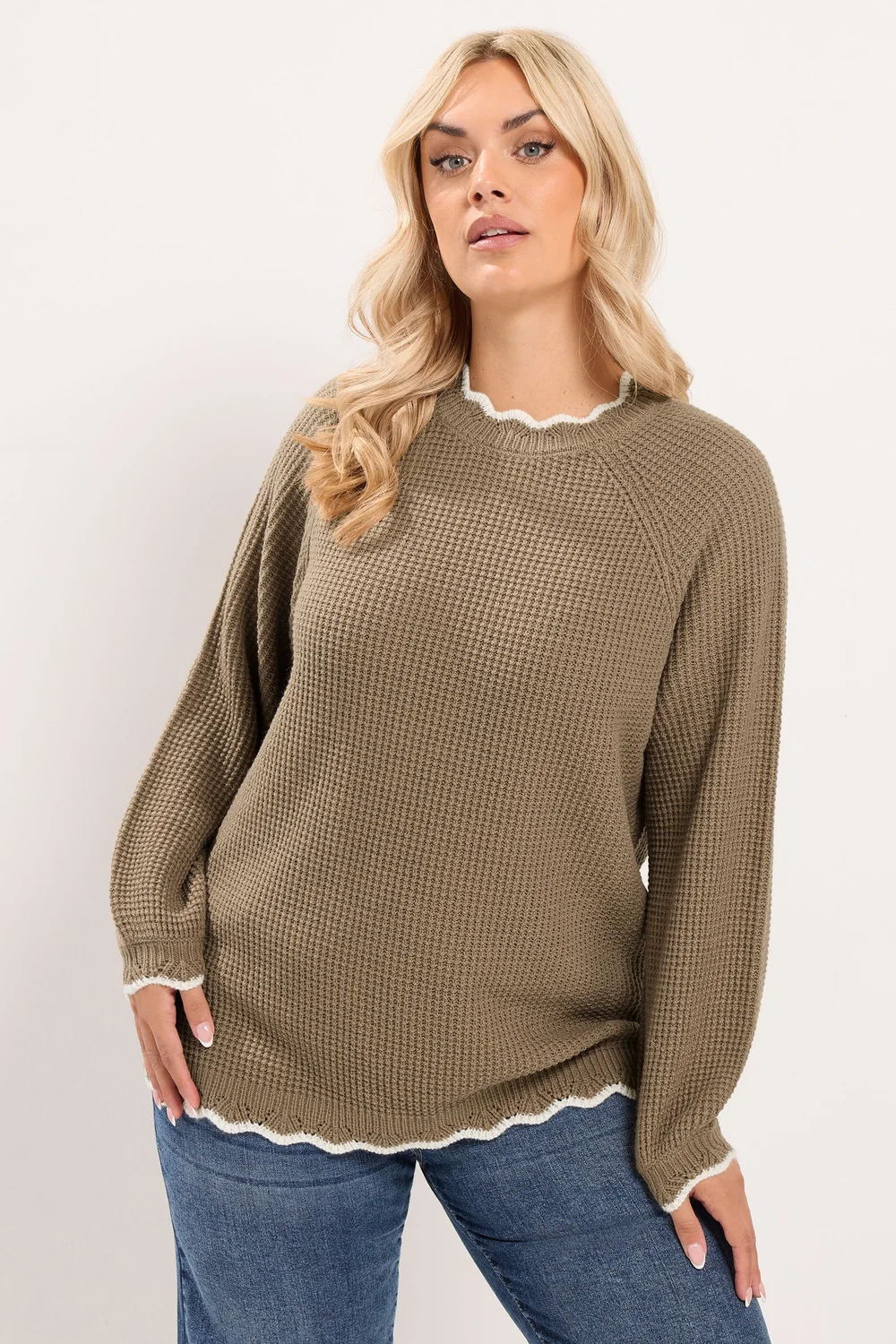 Yours Curve Mocha Brown Contrast Waffle Jumper - 14-16 Image 1
