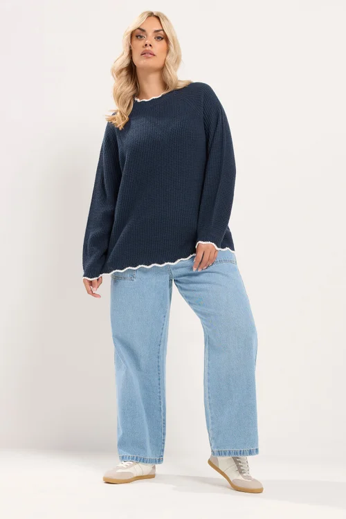 Yours Curve Navy Contrast Waffle Jumper - 22-24 Image 2