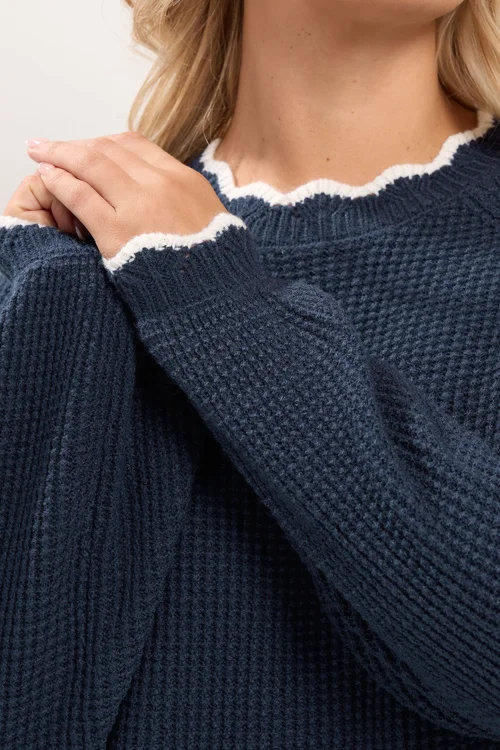 Yours Curve Navy Contrast Waffle Jumper - 22-24 Image 4