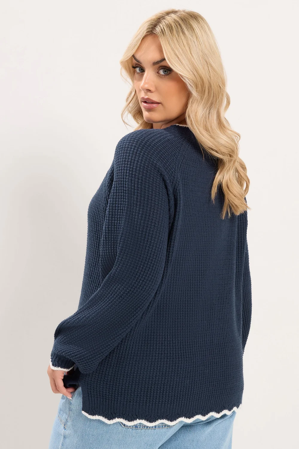 Yours Curve Navy Contrast Waffle Jumper - 22-24 Image 3