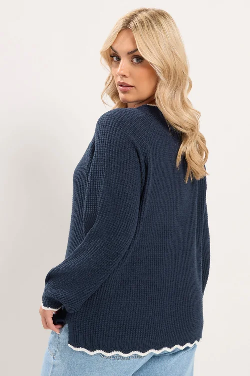 Yours Curve Navy Contrast Waffle Jumper - 22-24 Image 3