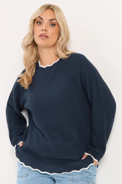 Yours Curve Navy Contrast Waffle Jumper - 22-24 Image 1
